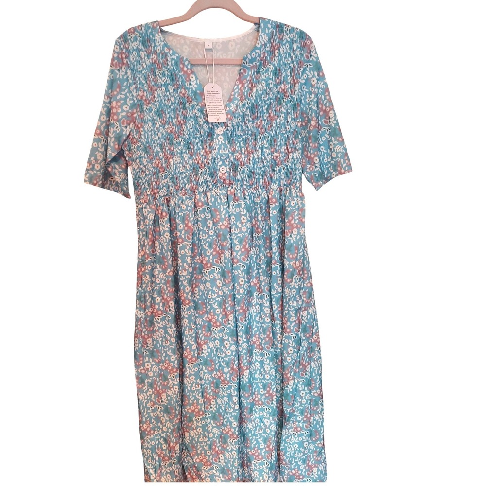 Floral Smocked Midi Dress Blue Purple Button Front V-Neck Short Sleeve Pockets S